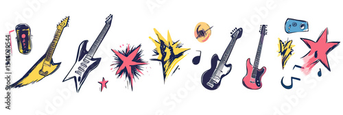 Hand drawn electric guitars musical instruments abstract stars lightning doodle icons set in flat minimalist colorful vector style for rock punk music design