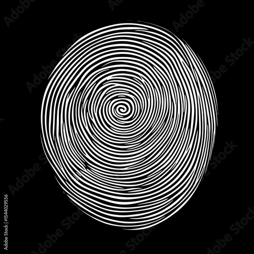 Close up black and white fingerprint spiral pattern detailed biometric identification vector illustration with clear ridge lines on black background