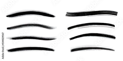 Set of eight black brush stroke underline lines with rough textured edges and varying thickness in minimalist flat vector style for text highlight or accent design elements