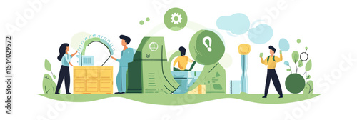 circular economy concept illustration with people working on renewable resources green energy innovation sustainability flat vector