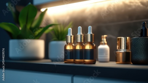 Luxury Skincare Serum in Glass Bottles: Elegant Minimalistic Display in Modern Interior