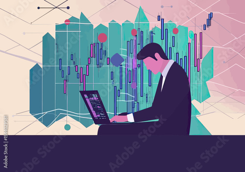 Businessman analyzing stock market data on laptop with digital trading charts and graph visualization in modern vector illustration
