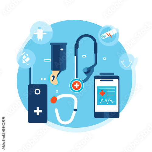 Flat minimalist vector illustration of modern medical technology with digital health monitoring devices and stethoscope on blue background for healthcare concept
