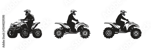 Silhouette quad bike rider side view set with helmet on all terrain vehicle outdoors isolated black vector illustration design