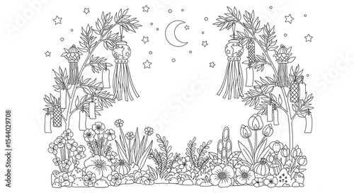 Wallpaper Mural Tanabata festival coloring page with bamboo trees lanterns and flowers under moon and stars on transparent background Torontodigital.ca
