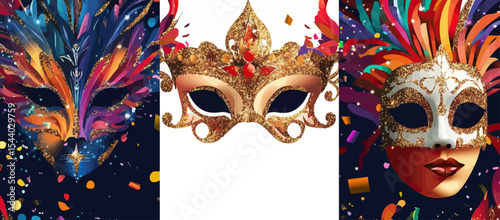 Three decorative carnival masks with colorful feathers, glittering gold elements, confetti, festive celebration and party theme in flat minimalist vector style