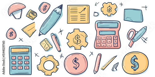 Hand drawn doodle business icons set with calculator, dollar coins, pens, gear, scissors, and office supplies in flat minimalist vector style