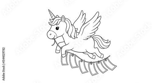 Cute unicorn pegasus coloring page for kids printable activity sheet vector illustration on transparent background