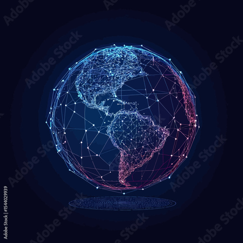 Abstract digital globe with low poly wireframe mesh showing North and South America in blue and pink neon lights on dark background technology concept illustration