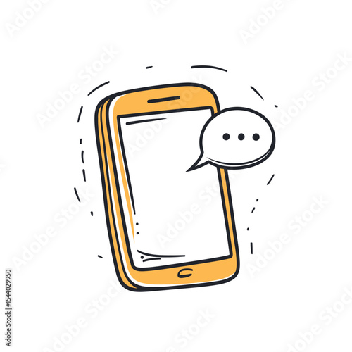 Hand drawn smartphone illustration with speech bubble and three dots message icon in minimalist doodle style for communication concept vector design
