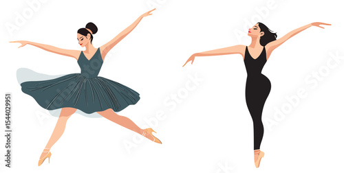 Elegant ballet dancers performing classical dance poses with graceful arm and leg extensions in minimalist vector style illustration