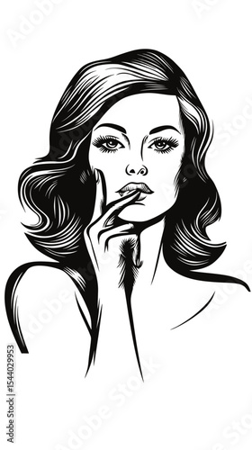 Elegant woman with medium wavy hair making silence gesture with finger on lips black and white line art portrait vector illustration minimalistic style