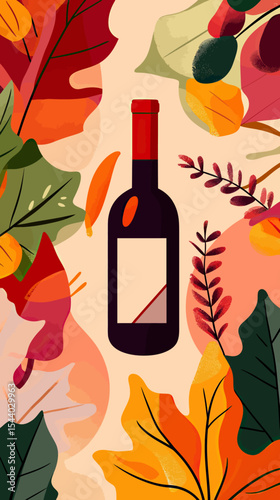 Abstract flat minimalist wine bottle surrounded by colorful autumn leaves and seasonal foliage vector illustration for fall festival and harvest celebration design