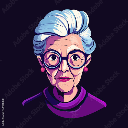 Vector illustration of elderly woman with white hair and glasses wearing purple turtleneck and earrings on dark background