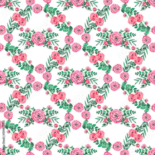 Seamless floral pattern. Background with ranunculus flowers and leaves. Pink pastel colors.