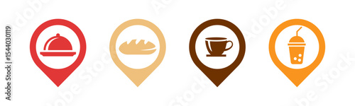 Food, Bread, Coffee and Juice icon set illustration vector. Food, Bread, Coffee and Juice with location sign and symbol.