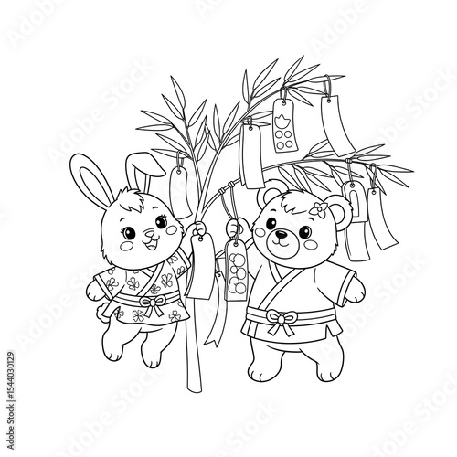 Tanabata coloring page with cute bear and rabbit wearing yukata kimonos holding bamboo tree on transparent background