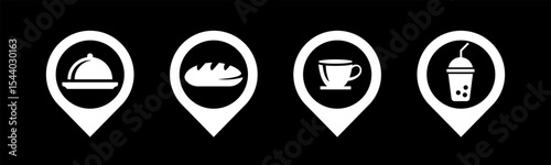 Food, Bread, Coffee and Juice icon set illustration vector.In black and white color. Food, Bread, Coffee and Juice with location sign and symbol.