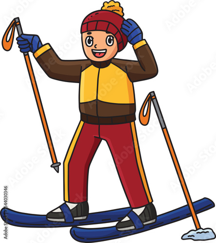 Skiing Boy Fixing Bonnet Cartoon Colored Clipart 