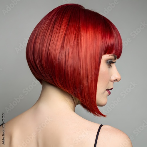 Woman with vibrant red angled bob haircut profile view