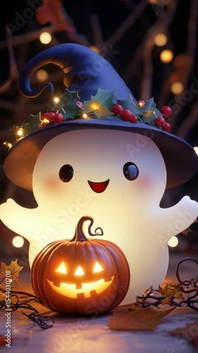 A charming baby ghost holds a glowing pumpkin while wearing a whimsical witch hat surrounded by colorful autumn leaves.