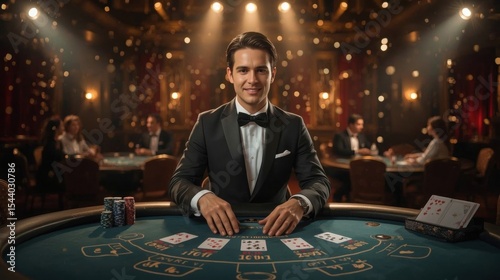 Elegant Man at Casino Blackjack Table with Cards and Chips, Ready for High Stakes Game