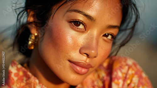 Portrait of beautiful asian woman with glowing skin makeup and gold earrings fashion beauty style model