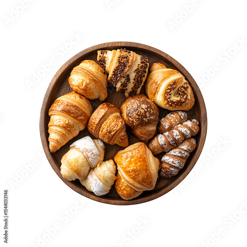 Assorted croissants and pastries on a wooden tray a delicious bakery selection