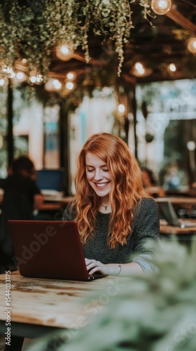 Smiling Woman on Laptop in Modern Cafe Workspace with Greenery and Warm Lights