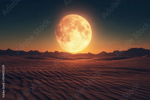 Empty desert with giant full moon rising