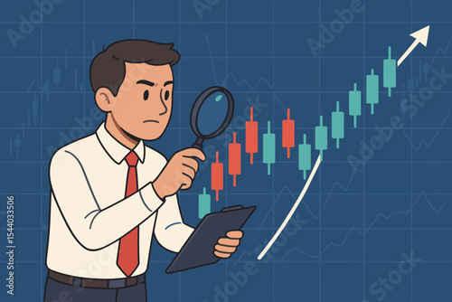 Diligent businessman analyzing stock market candlestick chart with magnifying glass, studying financial trends, investment strategy, data analysis, economic growth, and profit opportunities.