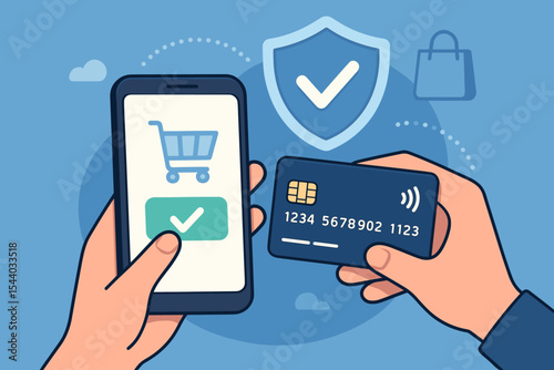 Secure Mobile Shopping: online payment success, digital transaction protection. E-commerce convenience and safe purchase with smartphone and credit card. Data security, cashless retail.