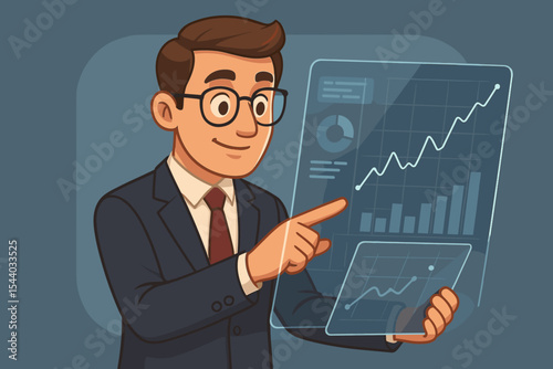 Businessman analyzing holographic market data, digital financial charts, and growth statistics on an interactive virtual screen. Professional performing business intelligence and economic analysis.
