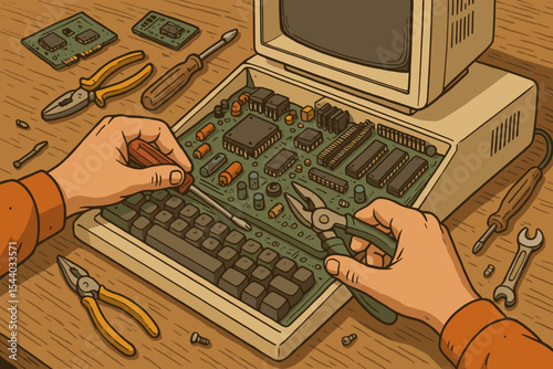 Vintage computer repair. Hands fixing retro PC hardware, servicing old technology. DIY electronics maintenance, assembling motherboard circuit board with tools. Nostalgia computing.