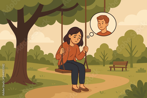 Sad woman on a swing thinking about a man. Concept of heartbreak, breakup, and loneliness. Depressed girl feeling nostalgic and alone in a park. Relationship problems vector.