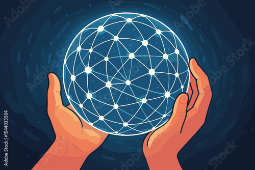 Human Hands Gently Holding Glowing Digital Global Network Sphere, Illustrating Worldwide Connectivity, Secure Communication, Internet Technology, Data Exchange, and Future Interconnection Concept.