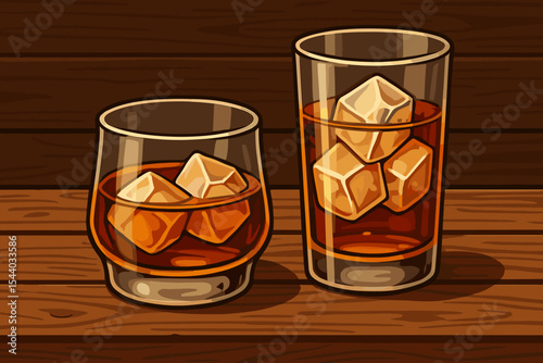Two glasses of golden whiskey with ice cubes on a rustic wooden table. Classic alcoholic beverage vector art for bar, lounge, pub, restaurant, liquor, celebration, relaxation, spirits.