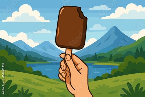 Hand holding delicious chocolate popsicle with bite taken, enjoying refreshing summer dessert in scenic cartoon landscape, tranquil lake, and majestic mountains background, outdoor nature treat.