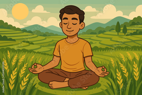 Serene Man Meditating in Lush Green Rice Paddy Fields, Peaceful Asian Countryside Landscape. Mindfulness, Spiritual Well-being & Nature Relaxation Vector Illustration.