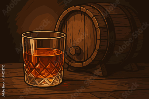 Aged whiskey or bourbon in a crystal glass on a rustic wooden table with a vintage barrel. Vector cartoon illustration concept for a bar menu, distillery promotion, or pub decor.
