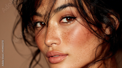 Portrait of beautiful woman with freckles and glossy lips makeup beauty skincare fashion model style