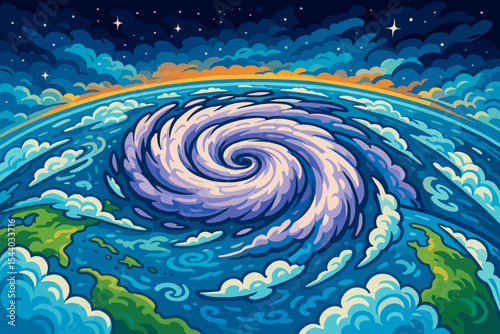 Vivid cartoon illustration of a powerful hurricane storm system swirling over Earth, viewed from high altitude space. Global climate, weather patterns, nature disaster concept.