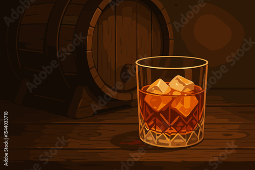Aged whiskey or bourbon in crystal glass with ice cubes on rustic wooden table, vintage oak barrel background, dim lighting. Cozy evening bar distillery scene. Vector cartoon illustration.
