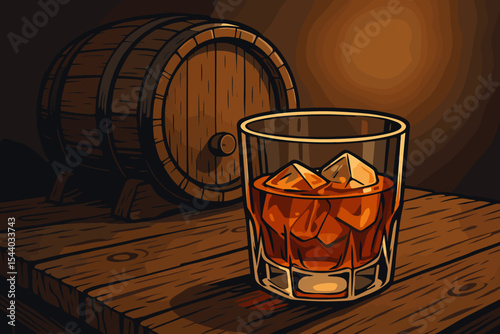 Aged Whiskey Served in Elegant Crystal Glass with Ice on Rustic Wooden Table, Vintage Oak Barrel, Dim Lighting. Vector Cartoon Illustration, Premium Spirit, Old Distillery, Bar, Pub Drink Scene
