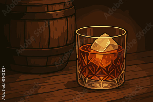 Premium Aged Whiskey Drink with Ice Cube in Crystal Old Fashioned Glass on Rustic Wooden Table, Vintage Oak Barrel, Dark Bar Ambience, Cartoon Vector Illustration Art