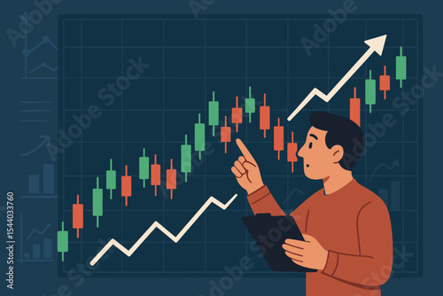 Investor analyzing stock market trends on a candlestick chart. Financial trading graph with uptrend arrow. Concept for business growth, investment strategy, profit, and economy.
