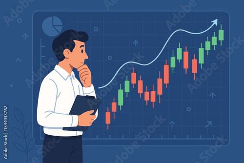 Investor analyzing stock market trends with candlestick chart and financial investment trading graph, business growth, market analysis, finance strategy vector illustration