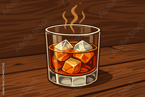 Aromatic Whiskey Bourbon or Scotch Spirit Served in Classic Crystal Rocks Glass with Chilled Ice Cubes, Golden Liquid on Rustic Wooden Bar Table. Premium Vector Cartoon Illustration for Beverages.