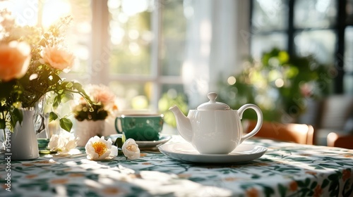 Wallpaper Mural A beautifully arranged tea setting featuring an elegant white teapot on a floral tablecloth, surrounded by fresh flowers, creating a serene atmosphere for relaxation. Torontodigital.ca