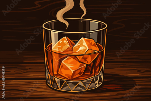 Aromatic Whiskey Bourbon on Rustic Wooden Table: Crystal Glass with Melting Ice Cubes & Rising Steam. Vintage Bar Beverage Vector Cartoon Illustration.